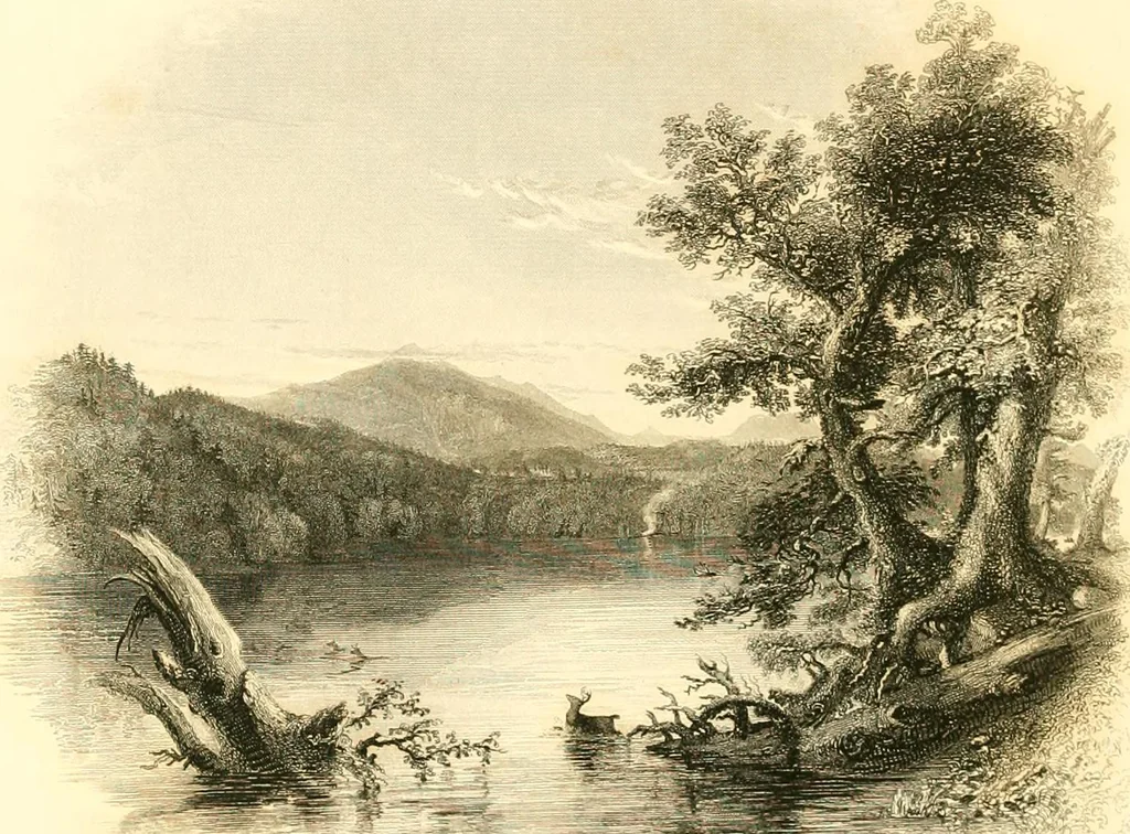 An illustration from The home book of the picturesque, or, American scenery, art, and literature : comprising a series of essays by Washington Irving, W.C. Bryant, Fenimore Cooper, Miss Cooper, N.P. Willis, Bayard Taylor, H.T. Tuckerman, E.L. Magoon, Dr. Bethune, A.B. Street, Miss Field, etc., with thirteen engravings on steel, from pictures by eminent artists, engraved expressly for this work, 1852, leaf 207
