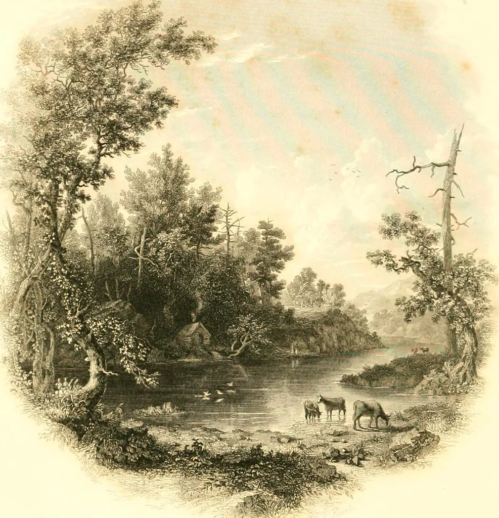 An illustration from The home book of the picturesque, or, American scenery, art, and literature : comprising a series of essays by Washington Irving, W.C. Bryant, Fenimore Cooper, Miss Cooper, N.P. Willis, Bayard Taylor, H.T. Tuckerman, E.L. Magoon, Dr. Bethune, A.B. Street, Miss Field, etc., with thirteen engravings on steel, from pictures by eminent artists, engraved expressly for this work, 1852, leaf 71