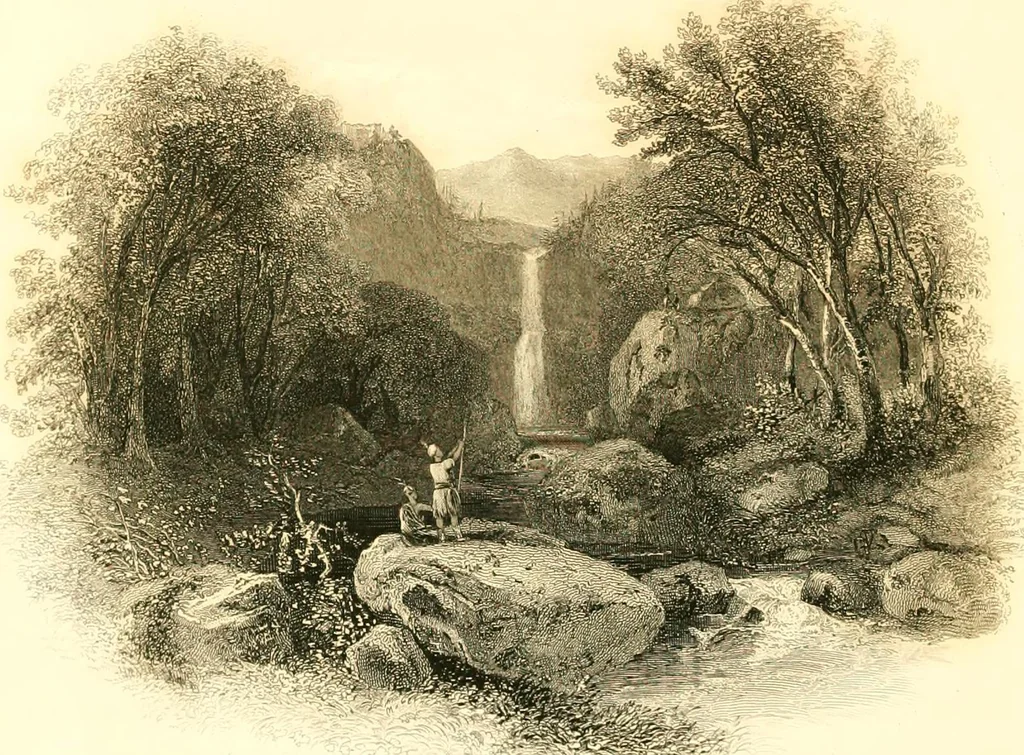 An illustration from The home book of the picturesque, or, American scenery, art, and literature : comprising a series of essays by Washington Irving, W.C. Bryant, Fenimore Cooper, Miss Cooper, N.P. Willis, Bayard Taylor, H.T. Tuckerman, E.L. Magoon, Dr. Bethune, A.B. Street, Miss Field, etc., with thirteen engravings on steel, from pictures by eminent artists, engraved expressly for this work, 1852, leaf 95