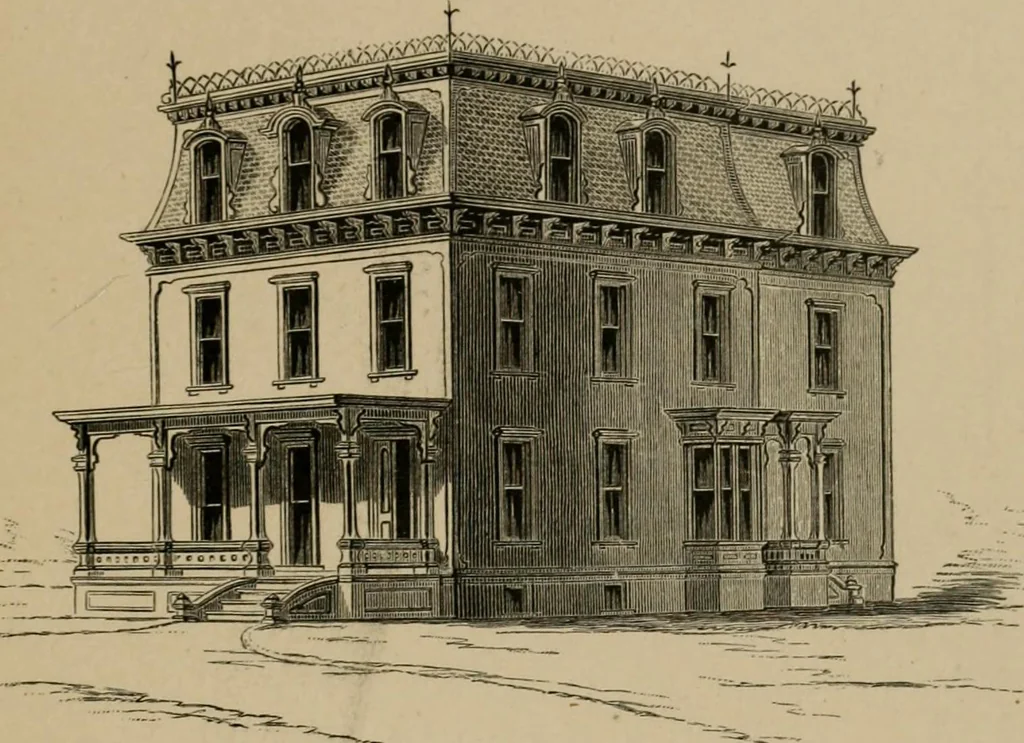 An illustration from Home building. A reliable book of facts, relative to building, living, materials, costs, at about 400 places from New York to San Francisco. Containing 42 plates and 45 original designs of buildings .., 1877, leaf 104