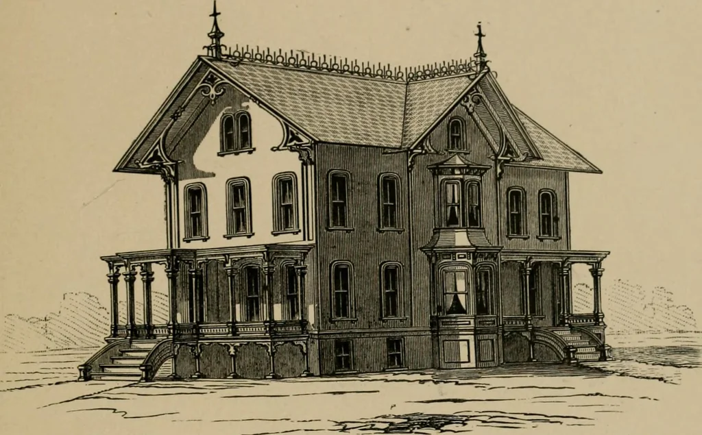 An illustration from Home building. A reliable book of facts, relative to building, living, materials, costs, at about 400 places from New York to San Francisco. Containing 42 plates and 45 original designs of buildings .., 1877, leaf 108