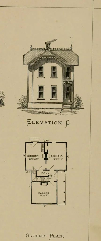 An illustration from Home building. A reliable book of facts, relative to building, living, materials, costs, at about 400 places from New York to San Francisco. Containing 42 plates and 45 original designs of buildings .., 1877, leaf 116
