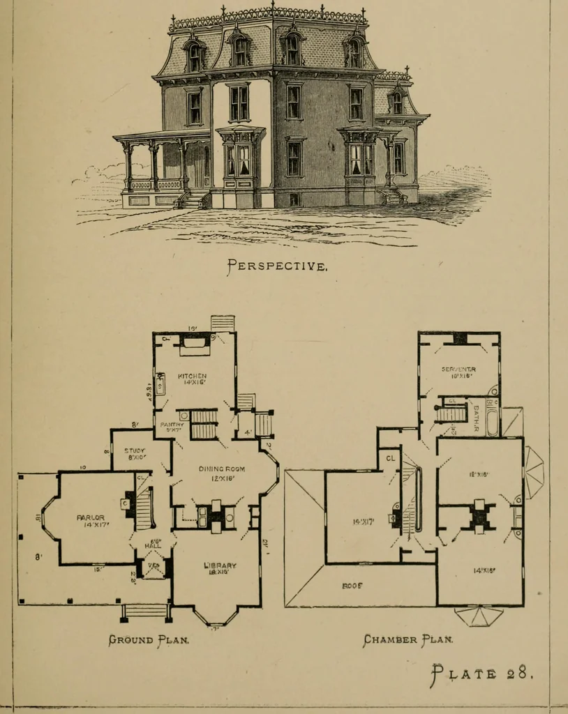 An illustration from Home building. A reliable book of facts, relative to building, living, materials, costs, at about 400 places from New York to San Francisco. Containing 42 plates and 45 original designs of buildings .., 1877, leaf 128