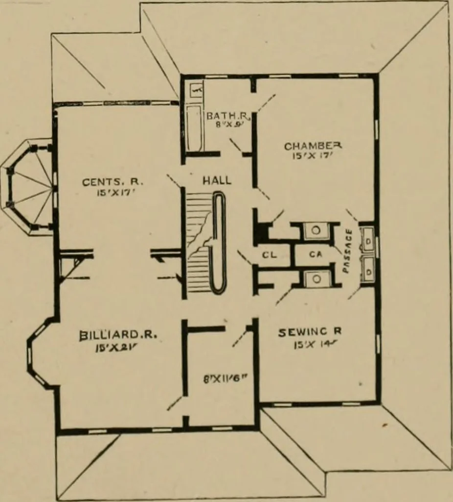 An illustration from Home building. A reliable book of facts, relative to building, living, materials, costs, at about 400 places from New York to San Francisco. Containing 42 plates and 45 original designs of buildings .., 1877, leaf 144