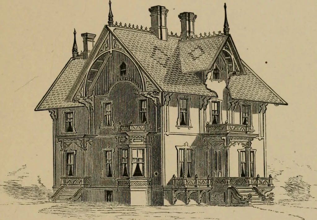 An illustration from Home building. A reliable book of facts, relative to building, living, materials, costs, at about 400 places from New York to San Francisco. Containing 42 plates and 45 original designs of buildings .., 1877, leaf 148