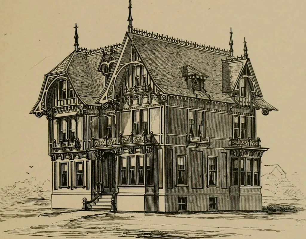 An illustration from Home building. A reliable book of facts, relative to building, living, materials, costs, at about 400 places from New York to San Francisco. Containing 42 plates and 45 original designs of buildings .., 1877, leaf 156