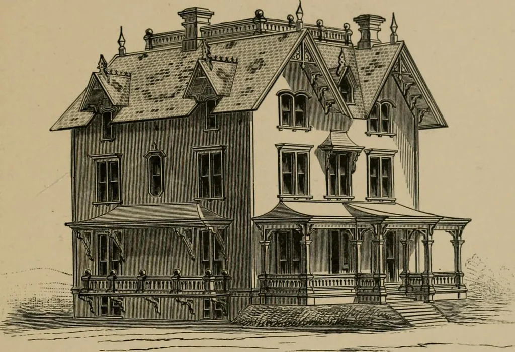 An illustration from Home building. A reliable book of facts, relative to building, living, materials, costs, at about 400 places from New York to San Francisco. Containing 42 plates and 45 original designs of buildings .., 1877, leaf 160