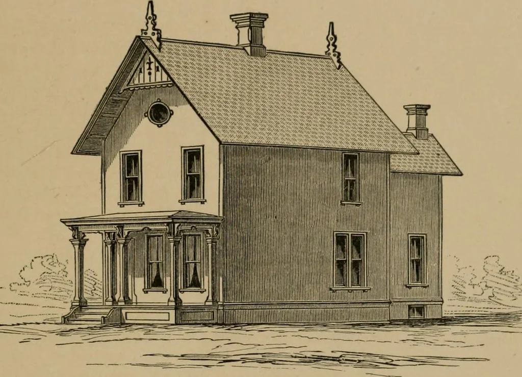 An illustration from Home building. A reliable book of facts, relative to building, living, materials, costs, at about 400 places from New York to San Francisco. Containing 42 plates and 45 original designs of buildings .., 1877, leaf 20
