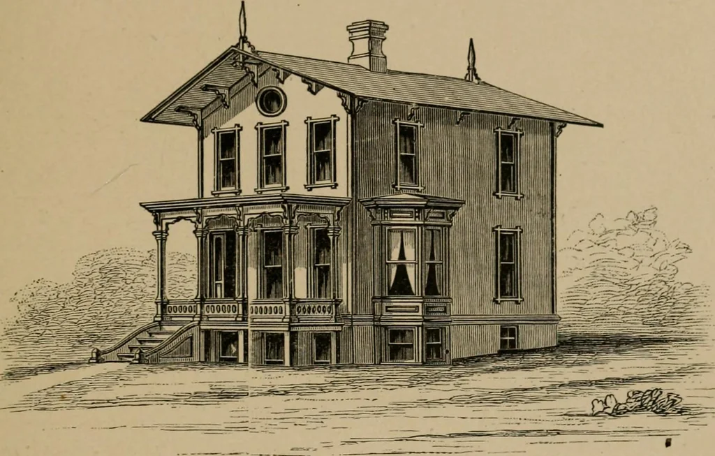 An illustration from Home building. A reliable book of facts, relative to building, living, materials, costs, at about 400 places from New York to San Francisco. Containing 42 plates and 45 original designs of buildings .., 1877, leaf 28