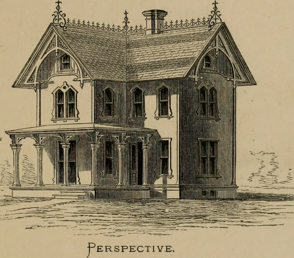 An illustration from Home building. A reliable book of facts, relative to building, living, materials, costs, at about 400 places from New York to San Francisco. Containing 42 plates and 45 original designs of buildings .., 1877, leaf 40
