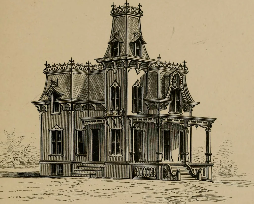 An illustration from Home building. A reliable book of facts, relative to building, living, materials, costs, at about 400 places from New York to San Francisco. Containing 42 plates and 45 original designs of buildings .., 1877, leaf 44