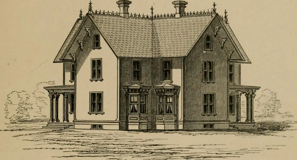 An illustration from Home building. A reliable book of facts, relative to building, living, materials, costs, at about 400 places from New York to San Francisco. Containing 42 plates and 45 original designs of buildings .., 1877, leaf 48