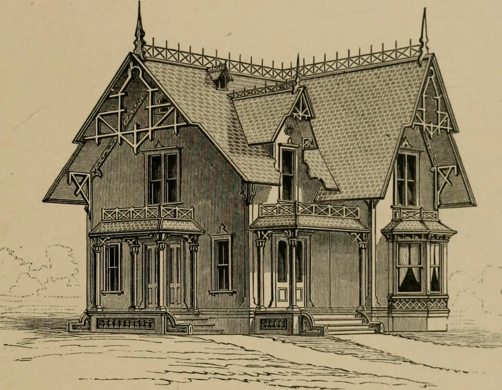 An illustration from Home building. A reliable book of facts, relative to building, living, materials, costs, at about 400 places from New York to San Francisco. Containing 42 plates and 45 original designs of buildings .., 1877, leaf 52