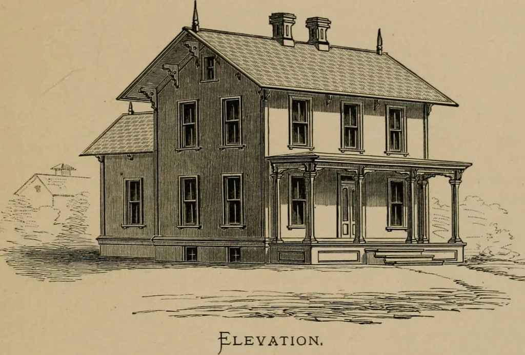 An illustration from Home building. A reliable book of facts, relative to building, living, materials, costs, at about 400 places from New York to San Francisco. Containing 42 plates and 45 original designs of buildings .., 1877, leaf 56