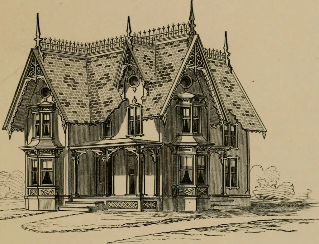 An illustration from Home building. A reliable book of facts, relative to building, living, materials, costs, at about 400 places from New York to San Francisco. Containing 42 plates and 45 original designs of buildings .., 1877, leaf 64