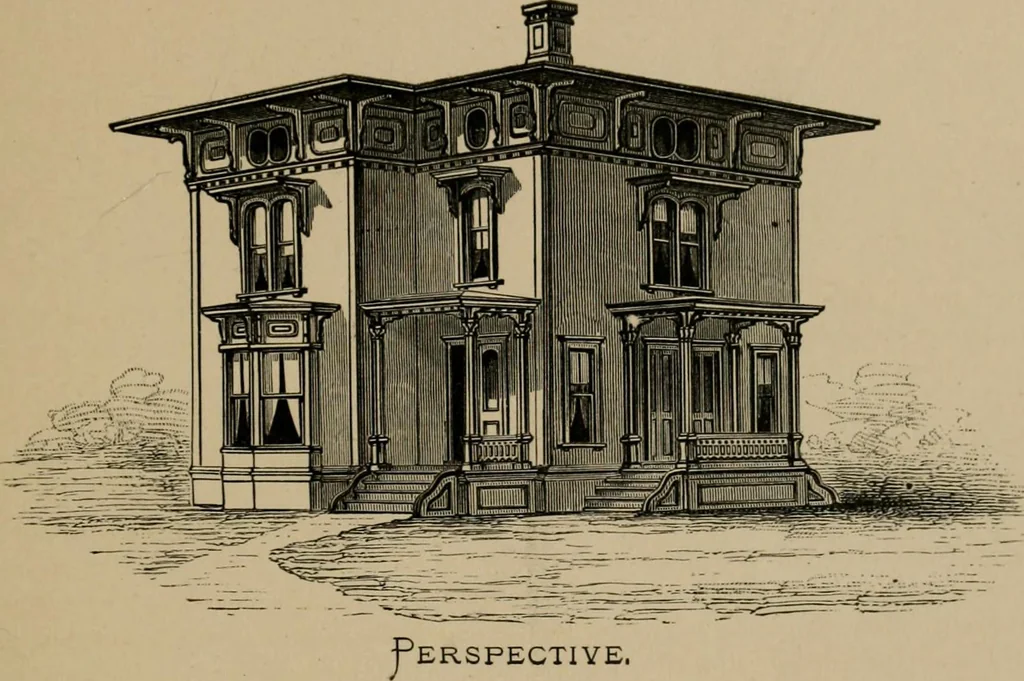 An illustration from Home building. A reliable book of facts, relative to building, living, materials, costs, at about 400 places from New York to San Francisco. Containing 42 plates and 45 original designs of buildings .., 1877, leaf 68