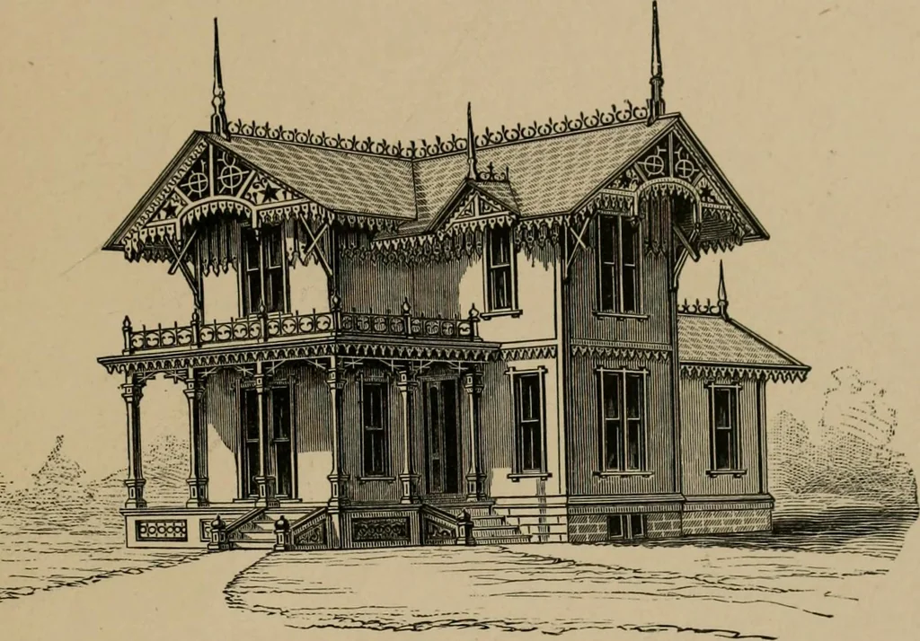 An illustration from Home building. A reliable book of facts, relative to building, living, materials, costs, at about 400 places from New York to San Francisco. Containing 42 plates and 45 original designs of buildings .., 1877, leaf 72