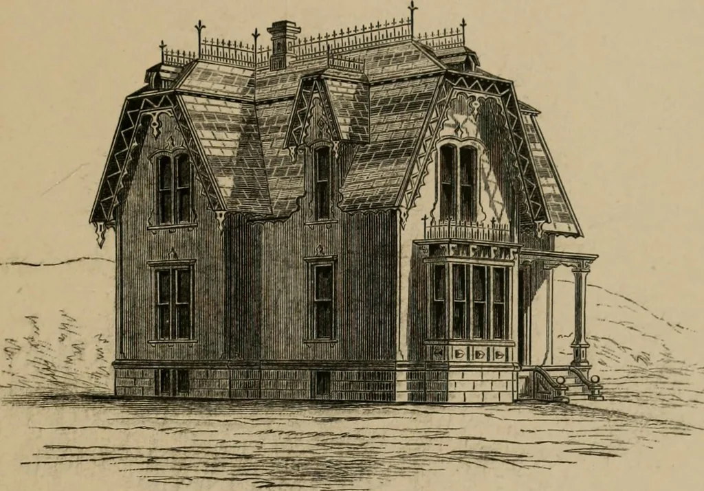 An illustration from Home building. A reliable book of facts, relative to building, living, materials, costs, at about 400 places from New York to San Francisco. Containing 42 plates and 45 original designs of buildings .., 1877, leaf 92