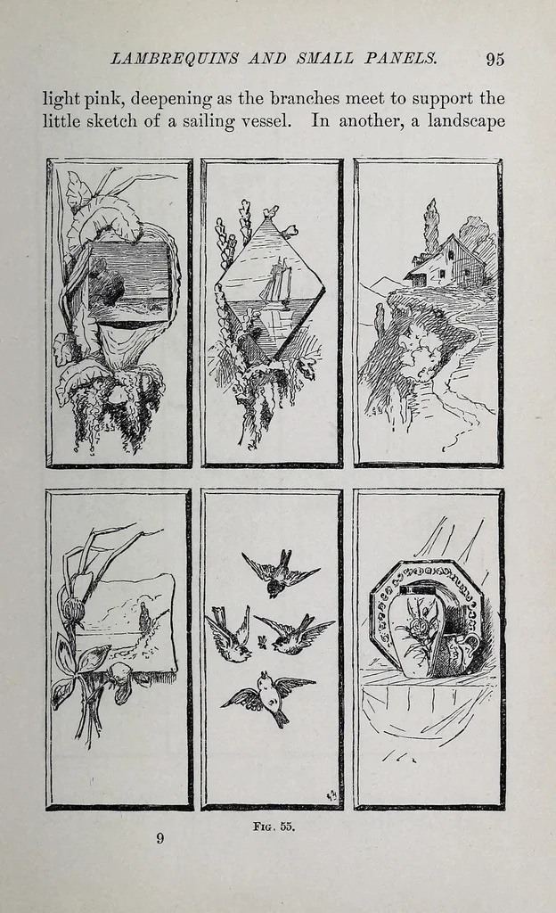 An illustration from Home decoration: art needle-work and embroidery; painting on silk, satin, and velvet; panel-painting; and wood-carving, 1881, leaf 99