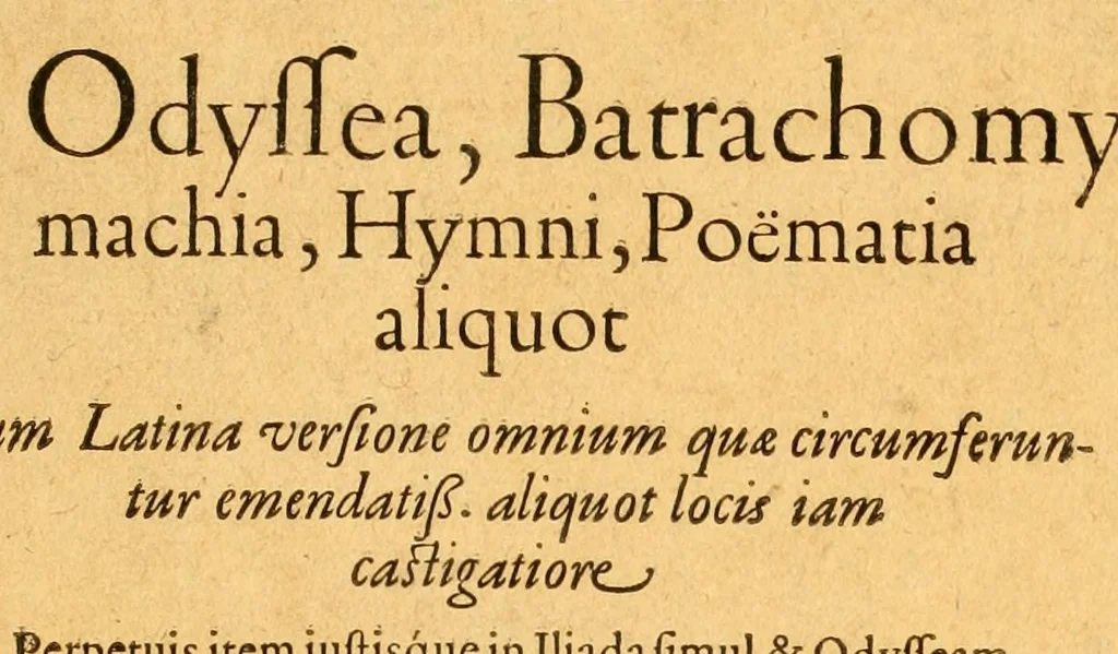 An illustration from Homeri quæ extant omnia : Ilias, Odyssea, Batrachomyomachia, Hymni, poematia aliquot cum Latina versione omnium quæ circumferuntur emendatiss. aliquot locis iam castigatiore. Perpetuis item iustisque in Iliada simul & Odysseam Io. Spondani Mauleonensis commentariis. Pindari quinetiam Thebani Epitome Iliados Latinis versib. & Daretis Phrygij de bello Troiane libri, à Corn. Nepote eleganter Latino versi carmine. Indices Homeri textus & commentariorum locupletissimi, 1606, leaf 7