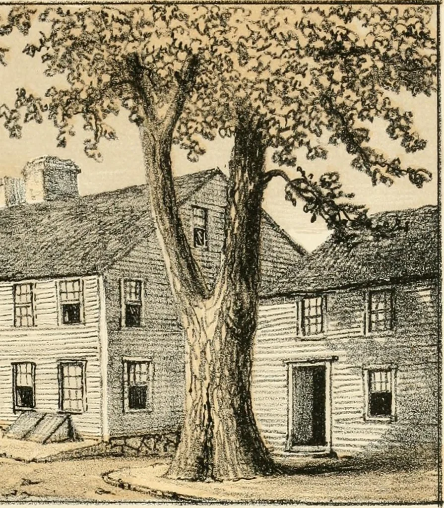 An illustration from The homes of our forefathers. Being a selection of the oldest and most interesting buildings, historical houses, and noted places in Massachusetts. From original drawings made on the spot by Edwin Whitefield, 1880, leaf 12