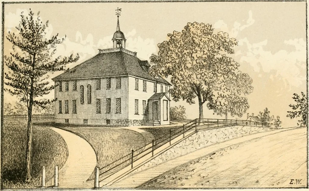 An illustration from The homes of our forefathers. Being a selection of the oldest and most interesting buildings, historical houses, and noted places in Massachusetts. From original drawings made on the spot by Edwin Whitefield, 1880, leaf 20