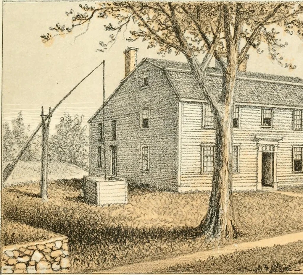 An illustration from The homes of our forefathers. Being a selection of the oldest and most interesting buildings, historical houses, and noted places in Massachusetts. From original drawings made on the spot by Edwin Whitefield, 1880, leaf 36