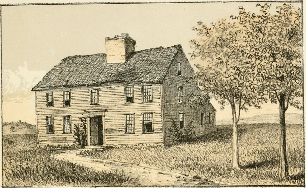 An illustration from The homes of our forefathers. Being a selection of the oldest and most interesting buildings, historical houses, and noted places in Massachusetts. From original drawings made on the spot by Edwin Whitefield, 1880, leaf 44