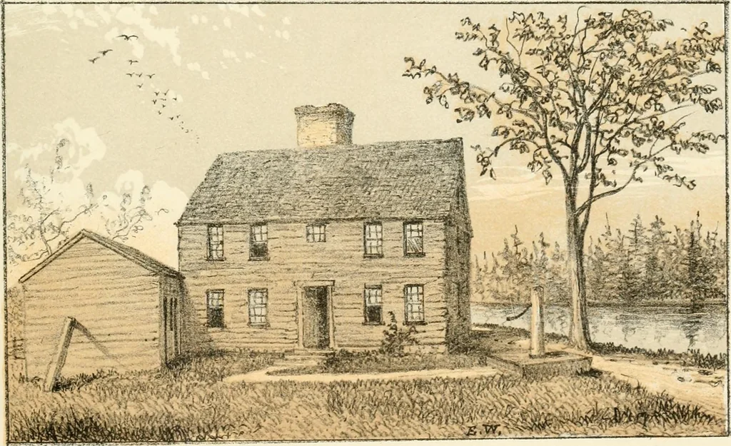 An illustration from The homes of our forefathers. Being a selection of the oldest and most interesting buildings, historical houses, and noted places in Massachusetts. From original drawings made on the spot by Edwin Whitefield, 1880, leaf 44