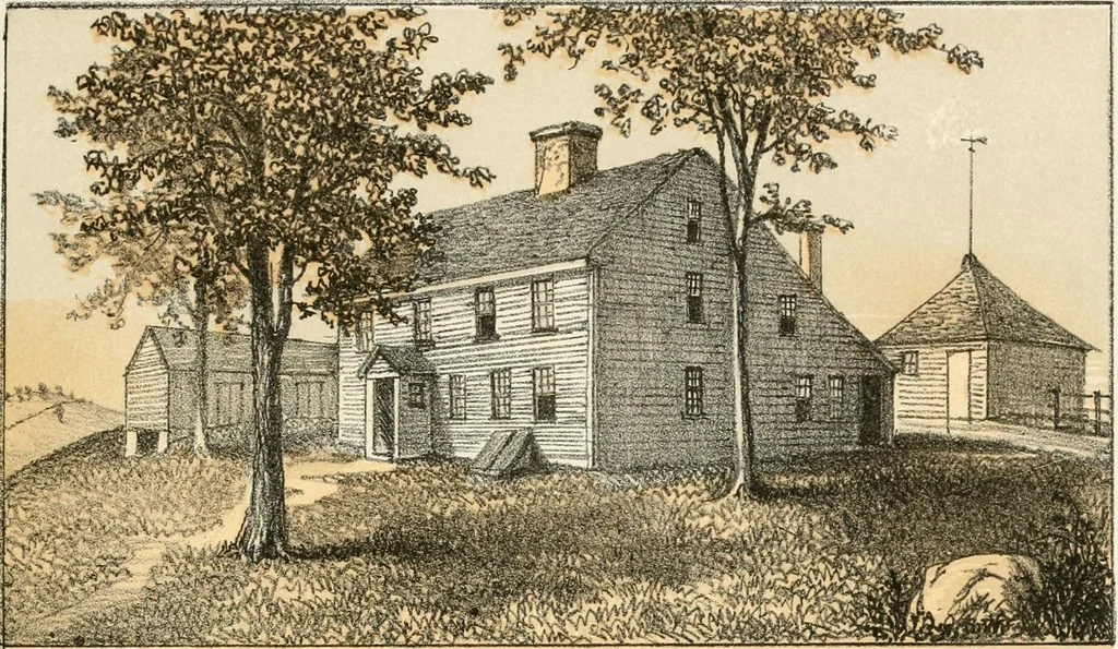 An illustration from The homes of our forefathers. Being a selection of the oldest and most interesting buildings, historical houses, and noted places in Massachusetts. From original drawings made on the spot by Edwin Whitefield, 1880, leaf 48