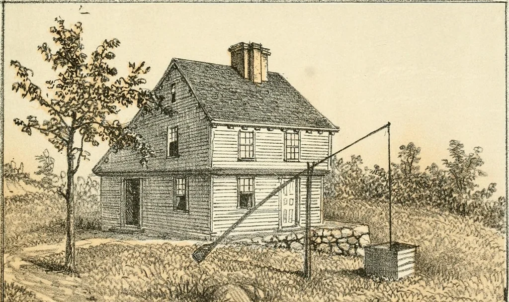 An illustration from The homes of our forefathers. Being a selection of the oldest and most interesting buildings, historical houses, and noted places in Massachusetts. From original drawings made on the spot by Edwin Whitefield, 1880, leaf 48