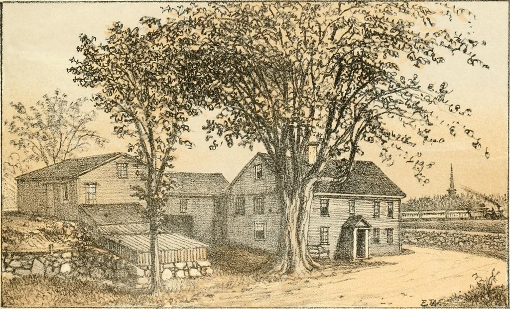 An illustration from The homes of our forefathers. Being a selection of the oldest and most interesting buildings, historical houses, and noted places in Massachusetts. From original drawings made on the spot by Edwin Whitefield, 1880, leaf 52