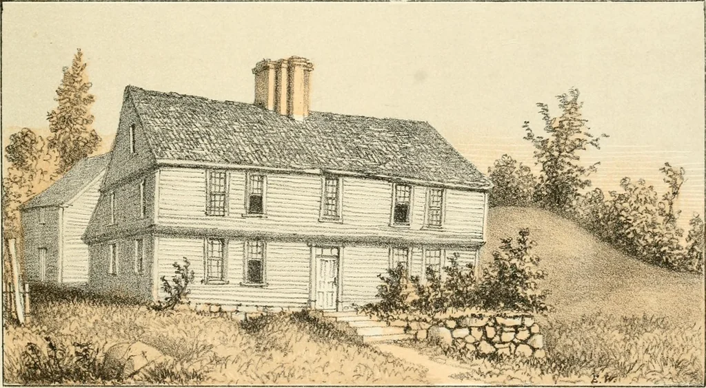 An illustration from The homes of our forefathers. Being a selection of the oldest and most interesting buildings, historical houses, and noted places in Massachusetts. From original drawings made on the spot by Edwin Whitefield, 1880, leaf 54