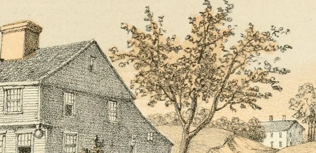 An illustration from The homes of our forefathers. Being a selection of the oldest and most interesting buildings, historical houses, and noted places in Massachusetts. From original drawings made on the spot by Edwin Whitefield, 1880, leaf 56