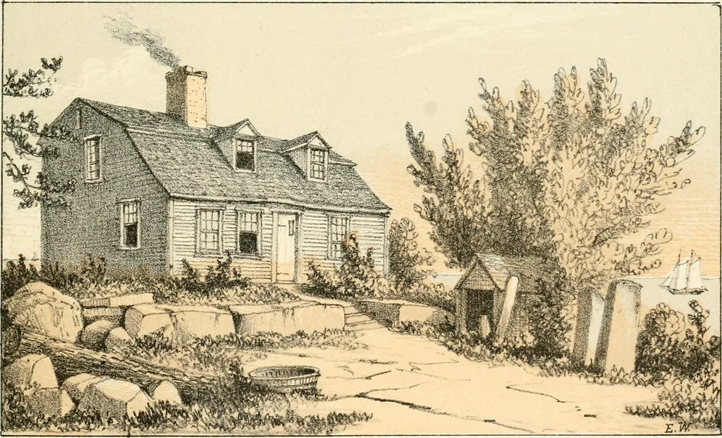 An illustration from The homes of our forefathers. Being a selection of the oldest and most interesting buildings, historical houses, and noted places in Massachusetts. From original drawings made on the spot by Edwin Whitefield, 1880, leaf 56