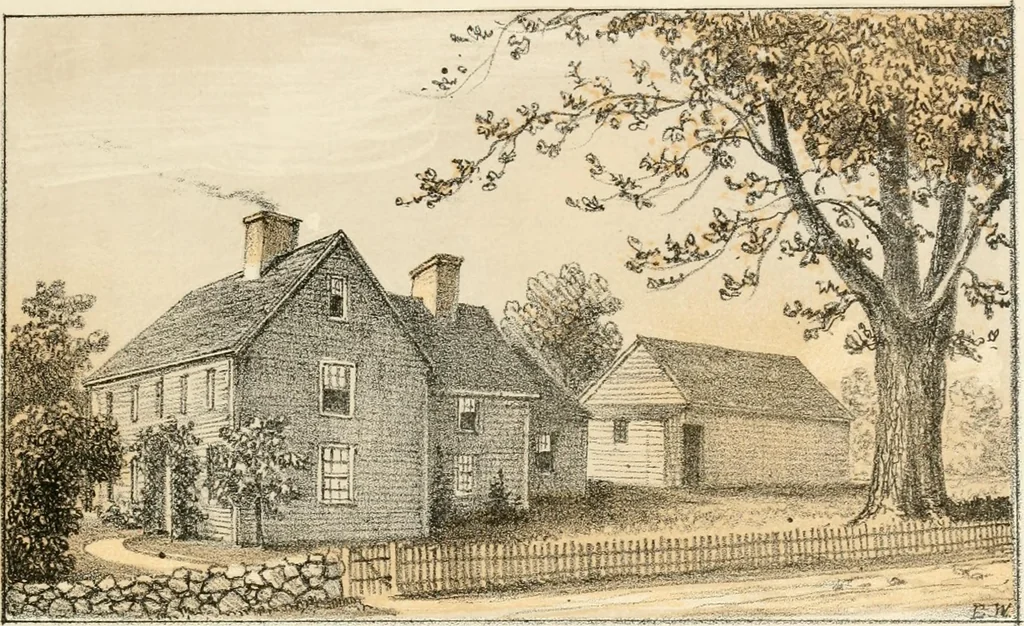 An illustration from The homes of our forefathers. Being a selection of the oldest and most interesting buildings, historical houses, and noted places in Massachusetts. From original drawings made on the spot by Edwin Whitefield, 1880, leaf 74