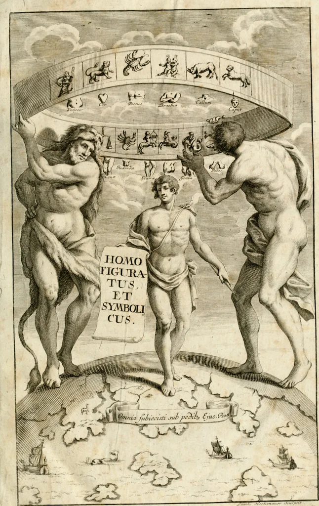 An illustration from Homo et ejus partes figuratus & symbolicus, anatomicus, rationalis, moralis, mysticus, politicus, & legalis : collectus et explicatus cum figuris, symbolis, anatomiis, factis, emblematicus, moralibus, mysticis, proverbiis, hieroglyphicis, prodigiis, simulacris, statuis, historiis, ritibus, observationibus, moribus, numismatibus, dedicationibus, signaturis, significationibus literarum, epithetis, fabulis, miris, physiognomicis, & somniis ; reflexionibus et declarationibus tam ex sacris quàm profanis auctoribus desumptis, 1695, leaf 6
