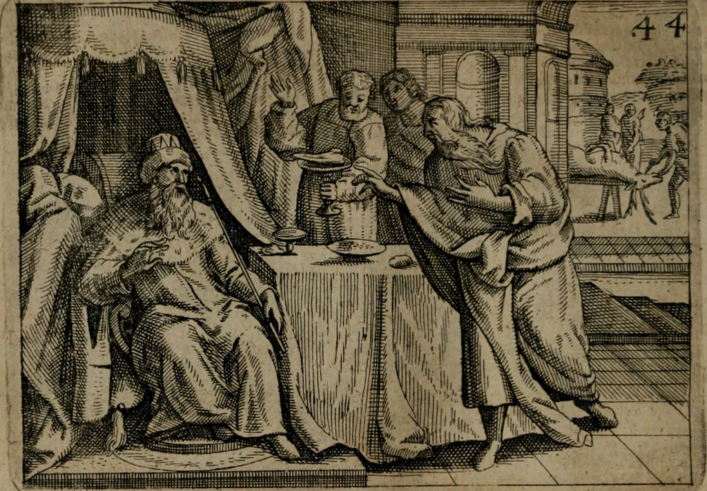 An illustration from Homo microcosmus, hoc est: parvus mundus, macrocosmo, id est: magno mundo, in variis æri incisis figuris totq; carminibus Latinis, per selectiores veterum poëtarum fabulas, nec non elegantiores quasdam historias, emblematice expositus; cujus hæc editio tertia. In qua Latina ista carmina puris rhythmis, Germanicis sunt donata ... Opus, non solùm ad studiosæ juventutis, sed etiam pictorum, sculptorum ... usum et delectationem adornatum, 1670, leaf 101