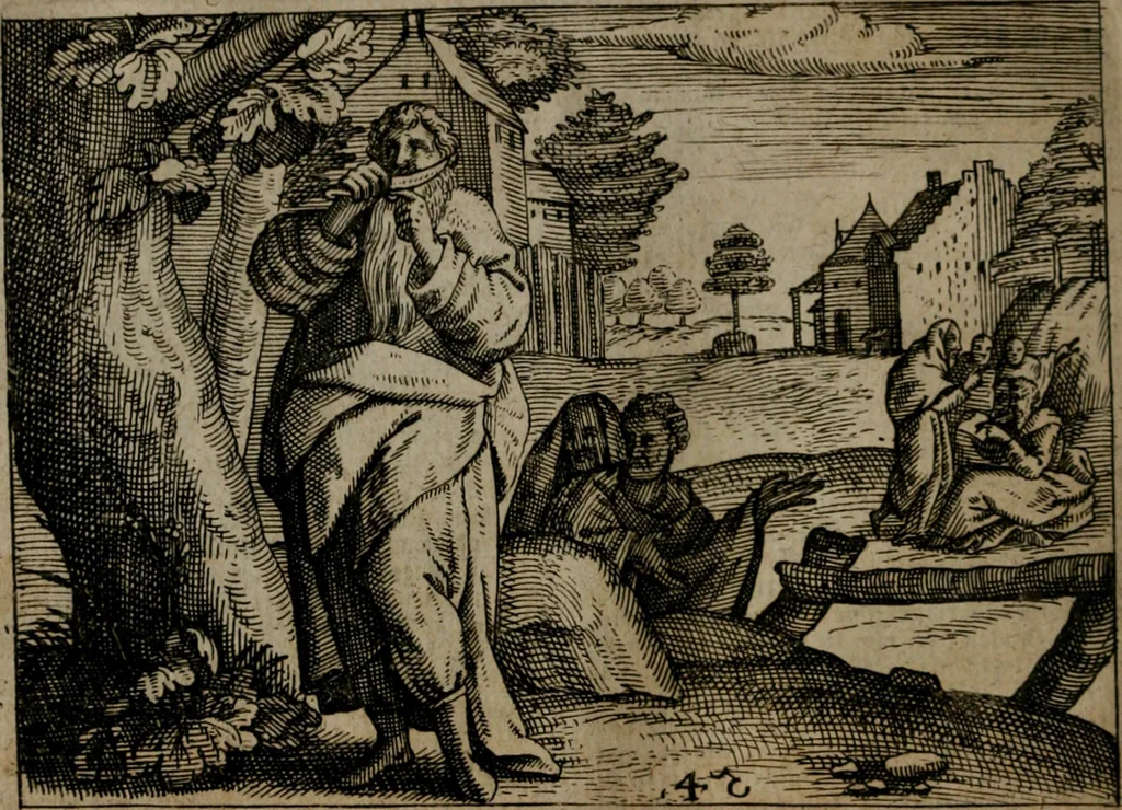 An illustration from Homo microcosmus, hoc est: parvus mundus, macrocosmo, id est: magno mundo, in variis æri incisis figuris totq; carminibus Latinis, per selectiores veterum poëtarum fabulas, nec non elegantiores quasdam historias, emblematice expositus; cujus hæc editio tertia. In qua Latina ista carmina puris rhythmis, Germanicis sunt donata ... Opus, non solùm ad studiosæ juventutis, sed etiam pictorum, sculptorum ... usum et delectationem adornatum, 1670, leaf 103