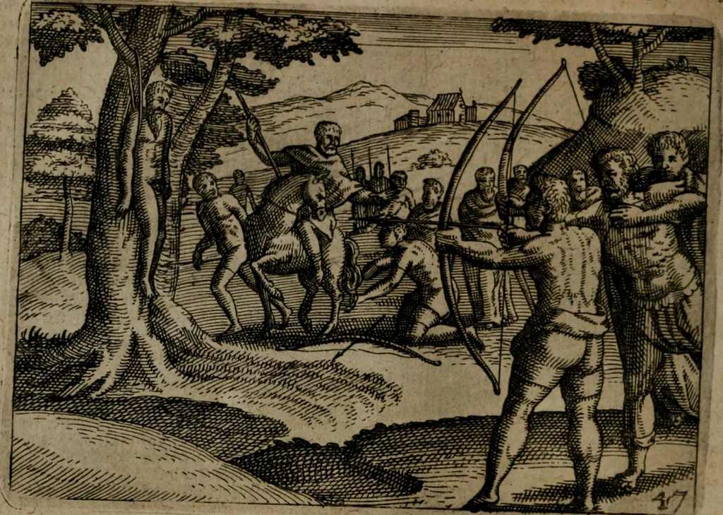 An illustration from Homo microcosmus, hoc est: parvus mundus, macrocosmo, id est: magno mundo, in variis æri incisis figuris totq; carminibus Latinis, per selectiores veterum poëtarum fabulas, nec non elegantiores quasdam historias, emblematice expositus; cujus hæc editio tertia. In qua Latina ista carmina puris rhythmis, Germanicis sunt donata ... Opus, non solùm ad studiosæ juventutis, sed etiam pictorum, sculptorum ... usum et delectationem adornatum, 1670, leaf 107