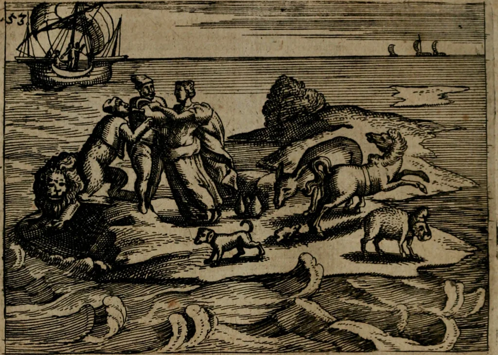 An illustration from Homo microcosmus, hoc est: parvus mundus, macrocosmo, id est: magno mundo, in variis æri incisis figuris totq; carminibus Latinis, per selectiores veterum poëtarum fabulas, nec non elegantiores quasdam historias, emblematice expositus; cujus hæc editio tertia. In qua Latina ista carmina puris rhythmis, Germanicis sunt donata ... Opus, non solùm ad studiosæ juventutis, sed etiam pictorum, sculptorum ... usum et delectationem adornatum, 1670, leaf 119