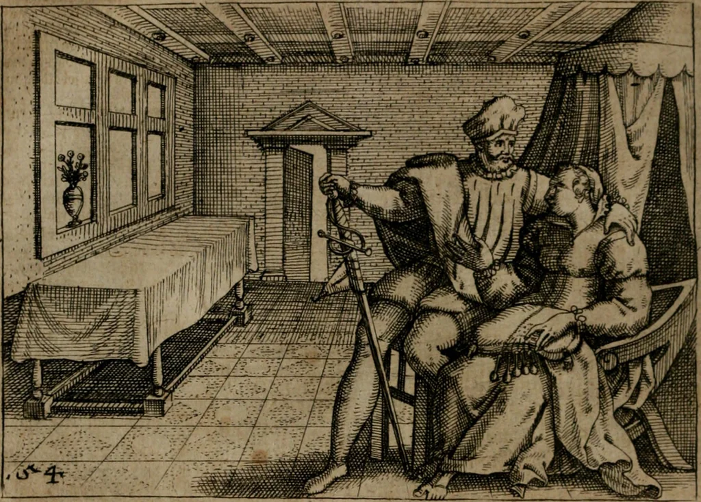 An illustration from Homo microcosmus, hoc est: parvus mundus, macrocosmo, id est: magno mundo, in variis æri incisis figuris totq; carminibus Latinis, per selectiores veterum poëtarum fabulas, nec non elegantiores quasdam historias, emblematice expositus; cujus hæc editio tertia. In qua Latina ista carmina puris rhythmis, Germanicis sunt donata ... Opus, non solùm ad studiosæ juventutis, sed etiam pictorum, sculptorum ... usum et delectationem adornatum, 1670, leaf 121