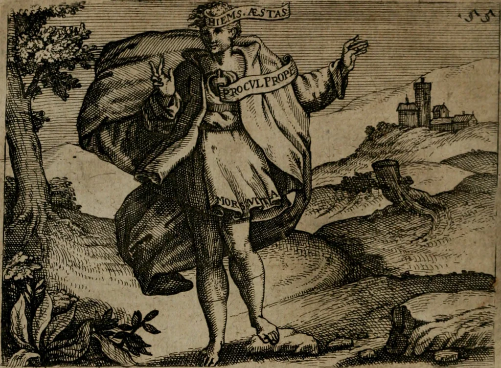 An illustration from Homo microcosmus, hoc est: parvus mundus, macrocosmo, id est: magno mundo, in variis æri incisis figuris totq; carminibus Latinis, per selectiores veterum poëtarum fabulas, nec non elegantiores quasdam historias, emblematice expositus; cujus hæc editio tertia. In qua Latina ista carmina puris rhythmis, Germanicis sunt donata ... Opus, non solùm ad studiosæ juventutis, sed etiam pictorum, sculptorum ... usum et delectationem adornatum, 1670, leaf 123