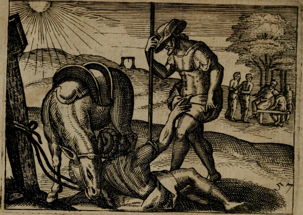 An illustration from Homo microcosmus, hoc est: parvus mundus, macrocosmo, id est: magno mundo, in variis æri incisis figuris totq; carminibus Latinis, per selectiores veterum poëtarum fabulas, nec non elegantiores quasdam historias, emblematice expositus; cujus hæc editio tertia. In qua Latina ista carmina puris rhythmis, Germanicis sunt donata ... Opus, non solùm ad studiosæ juventutis, sed etiam pictorum, sculptorum ... usum et delectationem adornatum, 1670, leaf 127
