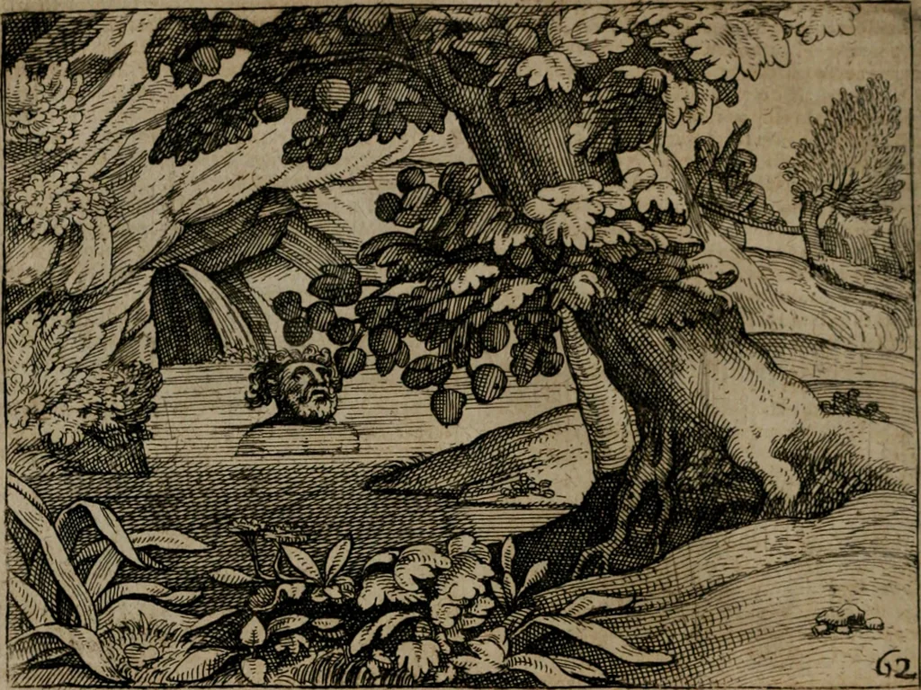 An illustration from Homo microcosmus, hoc est: parvus mundus, macrocosmo, id est: magno mundo, in variis æri incisis figuris totq; carminibus Latinis, per selectiores veterum poëtarum fabulas, nec non elegantiores quasdam historias, emblematice expositus; cujus hæc editio tertia. In qua Latina ista carmina puris rhythmis, Germanicis sunt donata ... Opus, non solùm ad studiosæ juventutis, sed etiam pictorum, sculptorum ... usum et delectationem adornatum, 1670, leaf 137