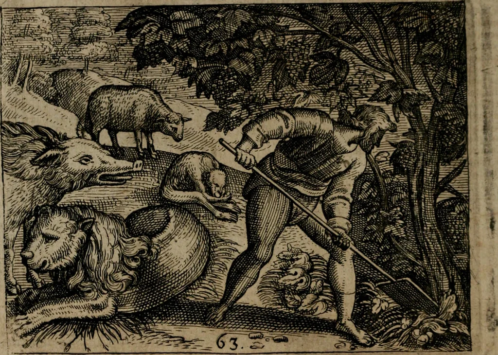 An illustration from Homo microcosmus, hoc est: parvus mundus, macrocosmo, id est: magno mundo, in variis æri incisis figuris totq; carminibus Latinis, per selectiores veterum poëtarum fabulas, nec non elegantiores quasdam historias, emblematice expositus; cujus hæc editio tertia. In qua Latina ista carmina puris rhythmis, Germanicis sunt donata ... Opus, non solùm ad studiosæ juventutis, sed etiam pictorum, sculptorum ... usum et delectationem adornatum, 1670, leaf 139
