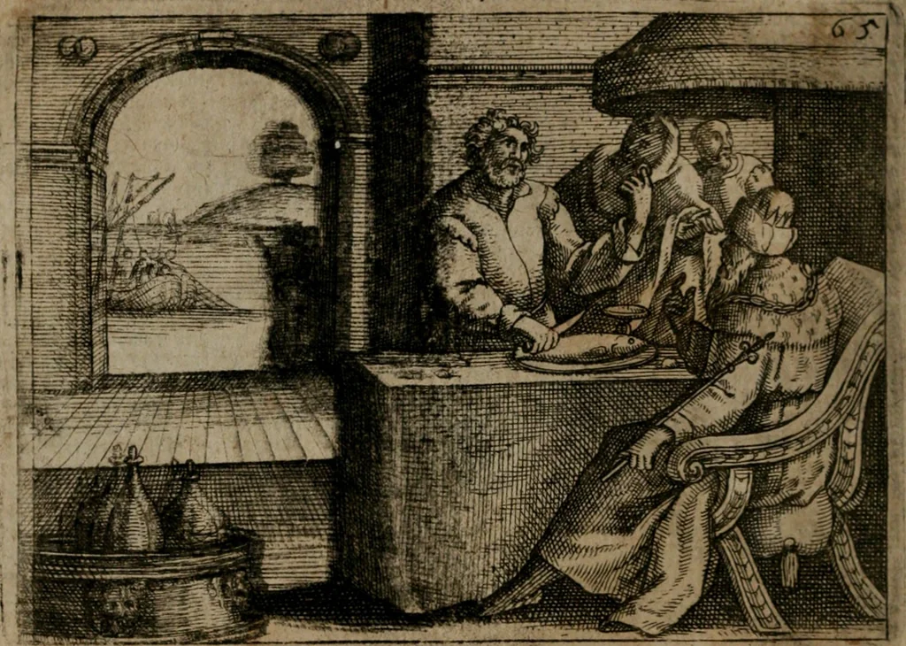 An illustration from Homo microcosmus, hoc est: parvus mundus, macrocosmo, id est: magno mundo, in variis æri incisis figuris totq; carminibus Latinis, per selectiores veterum poëtarum fabulas, nec non elegantiores quasdam historias, emblematice expositus; cujus hæc editio tertia. In qua Latina ista carmina puris rhythmis, Germanicis sunt donata ... Opus, non solùm ad studiosæ juventutis, sed etiam pictorum, sculptorum ... usum et delectationem adornatum, 1670, leaf 143