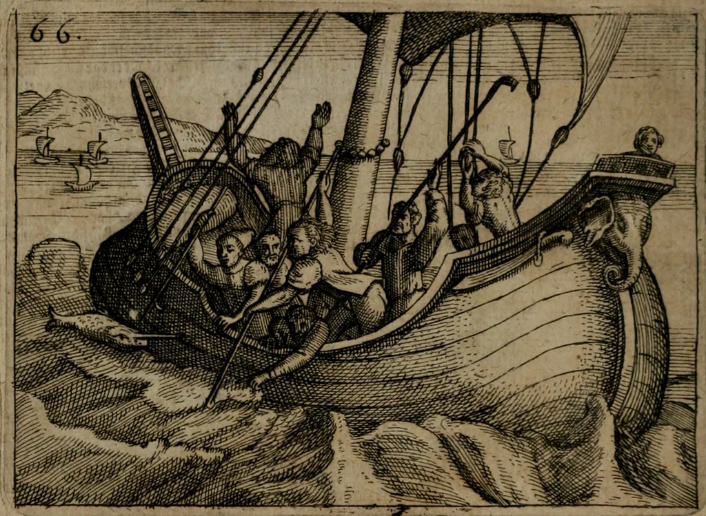 An illustration from Homo microcosmus, hoc est: parvus mundus, macrocosmo, id est: magno mundo, in variis æri incisis figuris totq; carminibus Latinis, per selectiores veterum poëtarum fabulas, nec non elegantiores quasdam historias, emblematice expositus; cujus hæc editio tertia. In qua Latina ista carmina puris rhythmis, Germanicis sunt donata ... Opus, non solùm ad studiosæ juventutis, sed etiam pictorum, sculptorum ... usum et delectationem adornatum, 1670, leaf 145