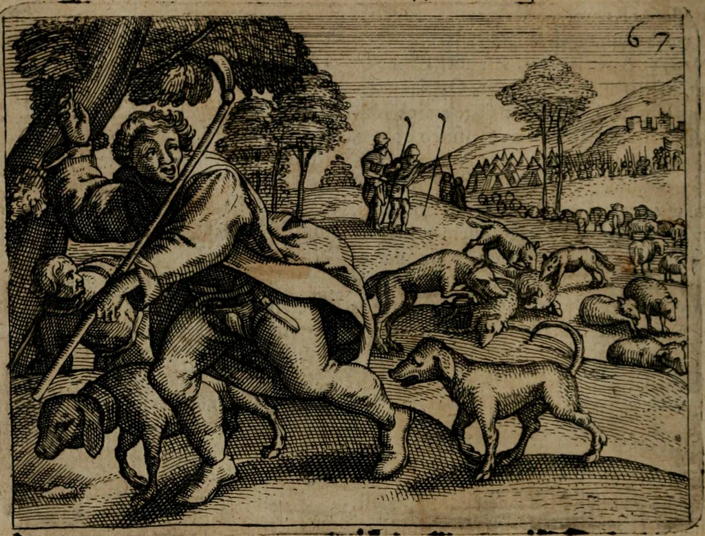 An illustration from Homo microcosmus, hoc est: parvus mundus, macrocosmo, id est: magno mundo, in variis æri incisis figuris totq; carminibus Latinis, per selectiores veterum poëtarum fabulas, nec non elegantiores quasdam historias, emblematice expositus; cujus hæc editio tertia. In qua Latina ista carmina puris rhythmis, Germanicis sunt donata ... Opus, non solùm ad studiosæ juventutis, sed etiam pictorum, sculptorum ... usum et delectationem adornatum, 1670, leaf 147