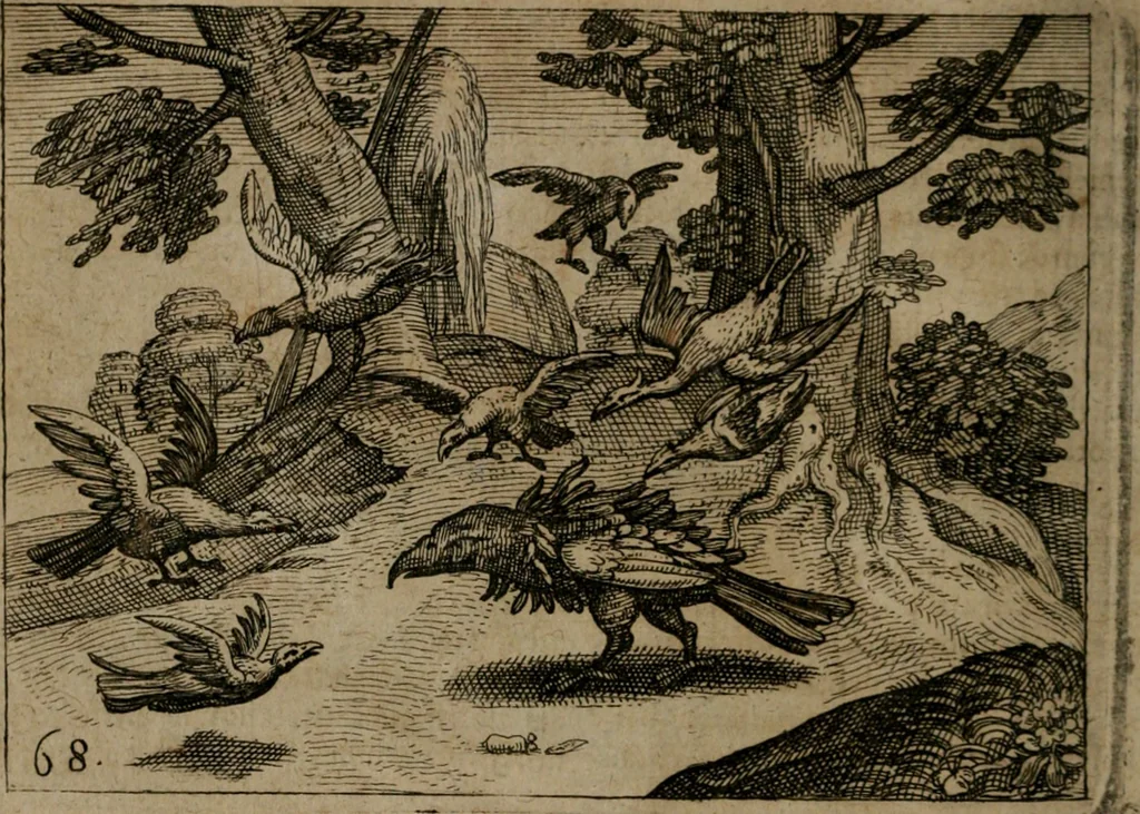 An illustration from Homo microcosmus, hoc est: parvus mundus, macrocosmo, id est: magno mundo, in variis æri incisis figuris totq; carminibus Latinis, per selectiores veterum poëtarum fabulas, nec non elegantiores quasdam historias, emblematice expositus; cujus hæc editio tertia. In qua Latina ista carmina puris rhythmis, Germanicis sunt donata ... Opus, non solùm ad studiosæ juventutis, sed etiam pictorum, sculptorum ... usum et delectationem adornatum, 1670, leaf 149